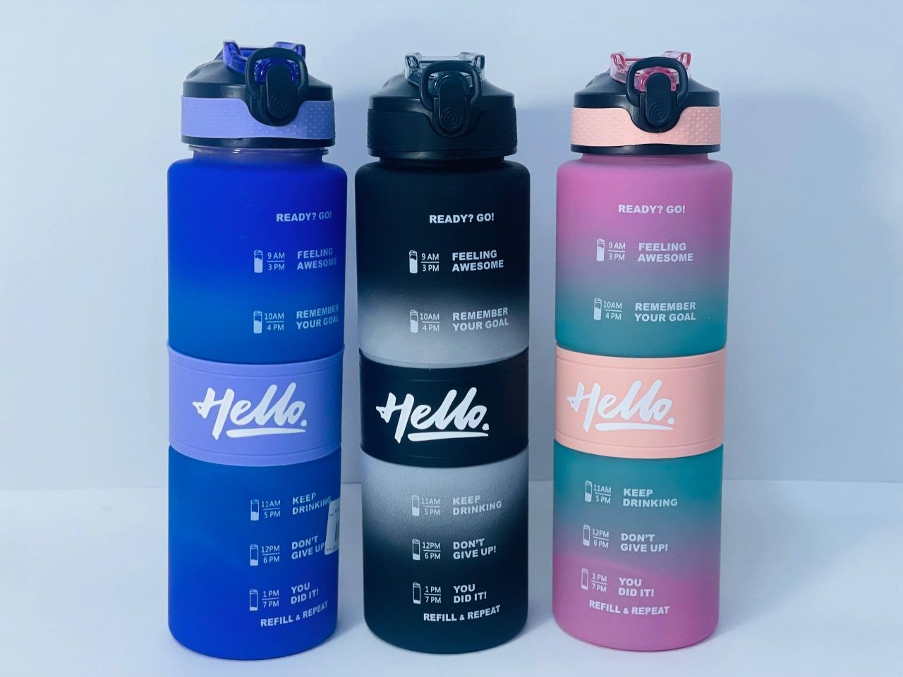 زجاجة مياه Hello بحزام يد ومؤشر مواعيد الشرب 1000 مل